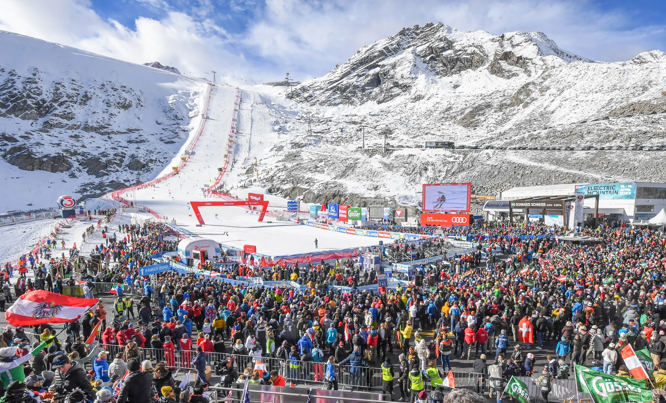 El muro del Rettenbach y el estadio de llegada de la Copa del Mundo de Sölden